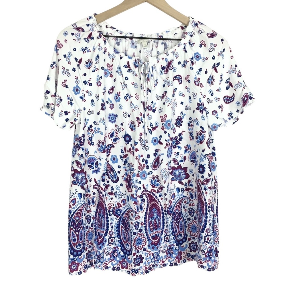TALBOTS Top Blouse Paisley Floral Boho Prairie Ruffle Hippie Bohemian Size Small